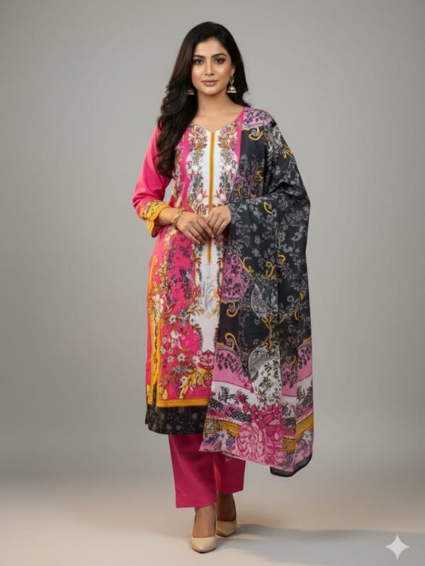 Model wearing Jamjam Suthi fabric three-piece outfit