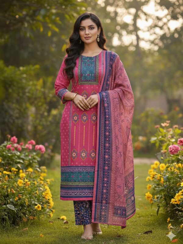 Model wearing elegant boutique three-piece dress in a garden setting