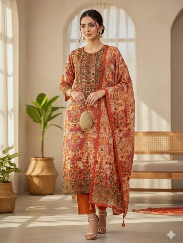 Model wearing premium digital print three-piece from Manha’s Exclusive Collection