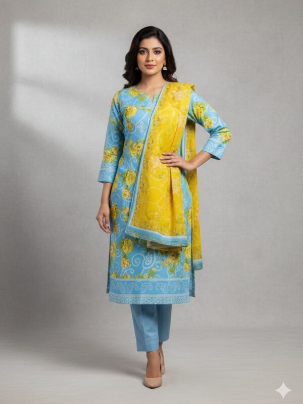 Model wearing Jamjam Suri fabric three-piece outfit