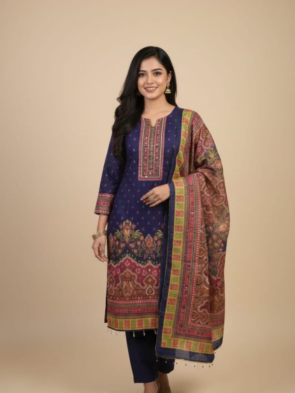 Model wearing Jamjam Suri fabric three-piece outfit