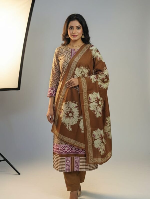 Model wearing Jamjam Suthi fabric three-piece outfit