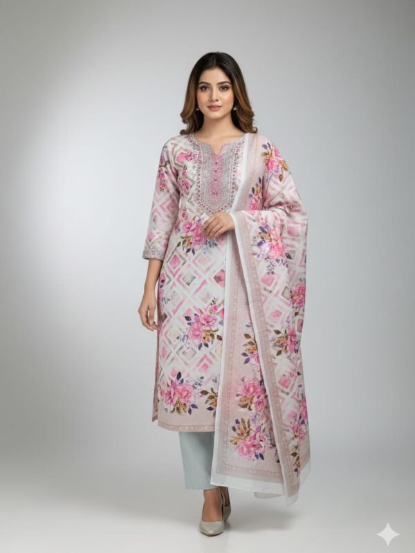 Model wearing Jamjam Suri fabric three-piece outfit