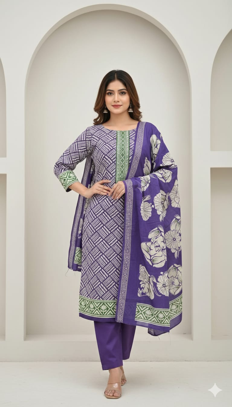 Model wearing Jamjam Suri fabric three-piece outfit